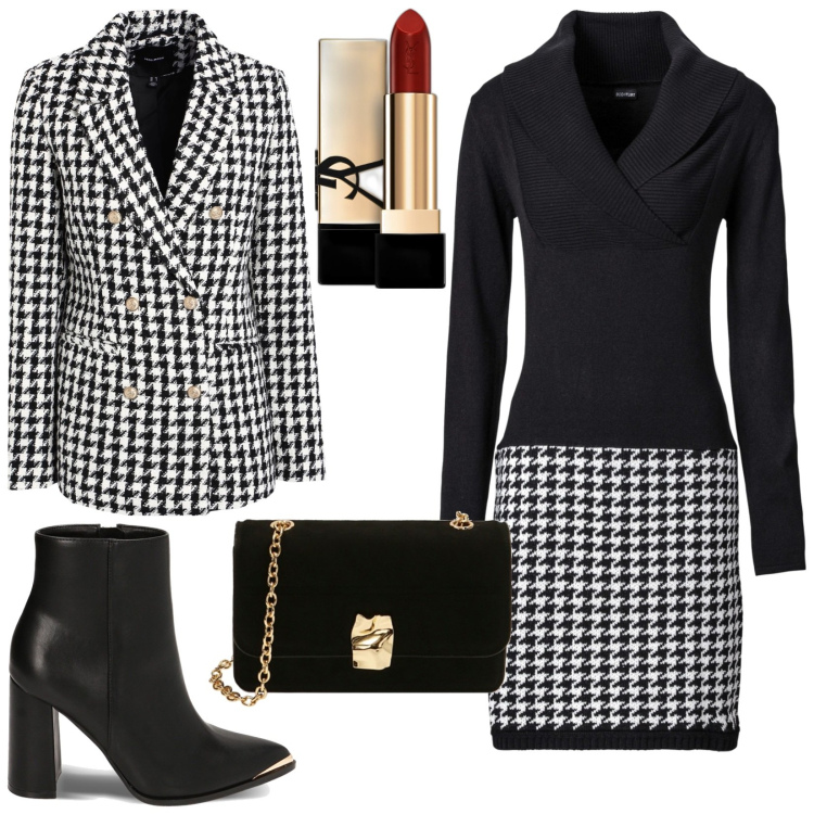 Outfit donna - Total look #1809041. Stile Chic per Tutti i giorni. Abbinamento con vestiti, blazer, rossetti, stivaletti, borse a tracolla.