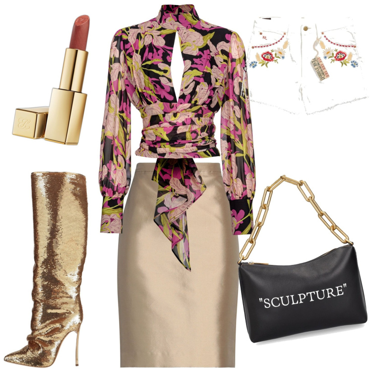 Outfit donna - Total look #1809072. Stile Trendy per Serata fuori. Abbinamento con minigonne, stivali, rossetti, bluse, anelli, pochette.