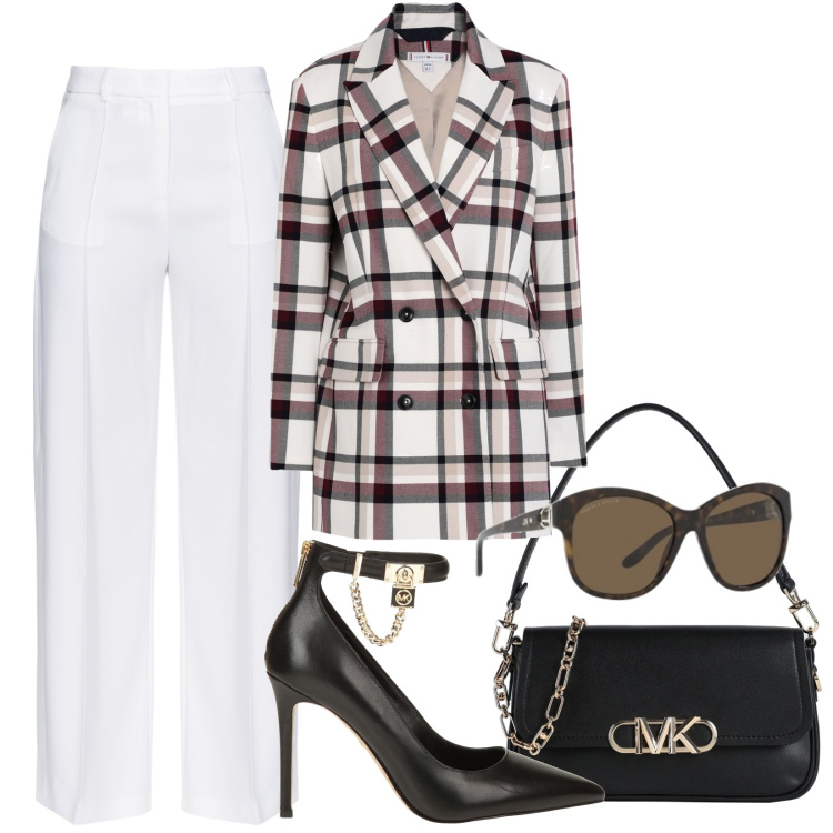 Outfit donna - Aperitivo. Stile Casual chic per Tutti i giorni. Abbinamento con décolleté, blazer, borse a mano, top, pantaloni, occhiali da sole.