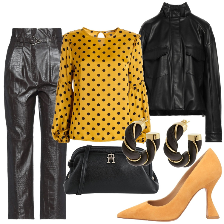 Outfit donna - Total look #1809080. Stile Trendy per Serata fuori. Abbinamento con pantaloni, décolleté, blazer, borse a tracolla, orecchini, bluse.