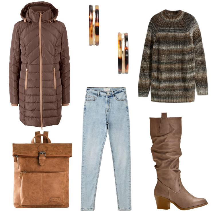 Outfit donna - Informale. Stile Casual per Tutti i giorni. Abbinamento con zaini, blazer, stivali, maglieria, jeans skinny, orecchini.