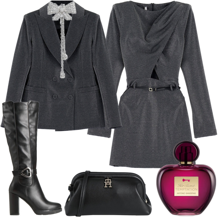 Outfit donna - sofisticata fragranza sensuale. Stile Casual chic per Serata fuori. Abbinamento con stivali, orecchini, borse a tracolla, profumi, vestiti corti, cappotti.