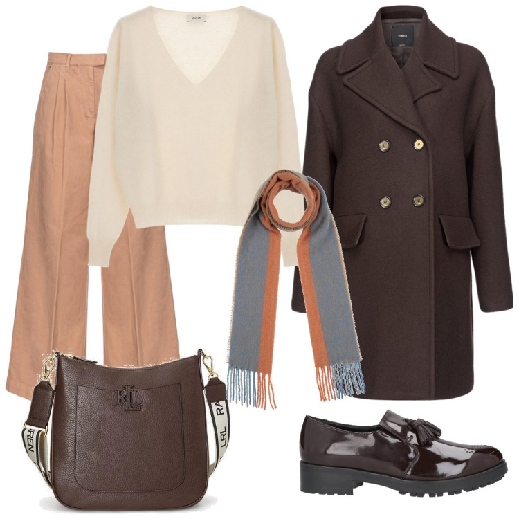 Outfit donna - Classico in marrone. Stile Casual chic per Tutti i giorni. Abbinamento con sciarpe, mocassini, cappotti, pantaloni, pullovers, borse a tracolla.