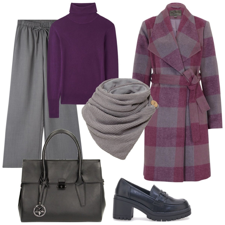 Outfit donna - Il colore viola. Stile Casual per Tutti i giorni. Abbinamento con foulard, cappotti, maglieria, pantaloni, borse a mano, mocassini.