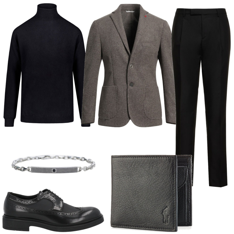 Outfit uomo - Pullover e giacca. Stile Casual per Serata speciale. Abbinamento con giacche, scarpe stringate, braccialetti, portafogli, maglieria, pantaloni.