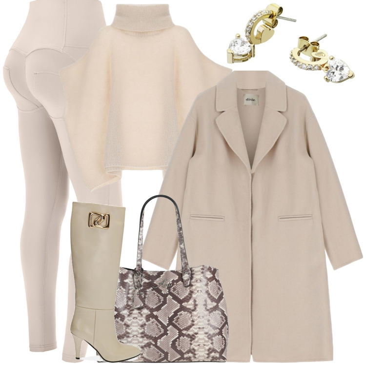 Outfit donna - City. Stile Trendy per Tutti i giorni. Abbinamento con borse a spalla, orecchini, pantaloni skinny, cappotti, maglieria, stivali.