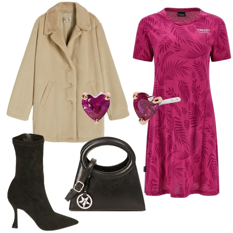 Outfit donna - San Valentino sporty- chic. Stile Sporty chic per Tutti i giorni. Abbinamento con orecchini, cappotti, vestiti midi/longuette, stivaletti, borse a spalla.