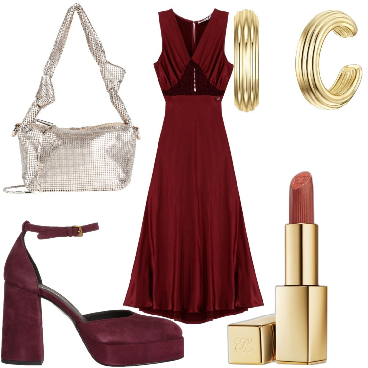 Outfit donna - Red Dahlia per San Valentino. Stile Trendy per Serata fuori. Abbinamento con borse a mano, décolleté, orecchini, rossetti, vestiti midi/longuette.