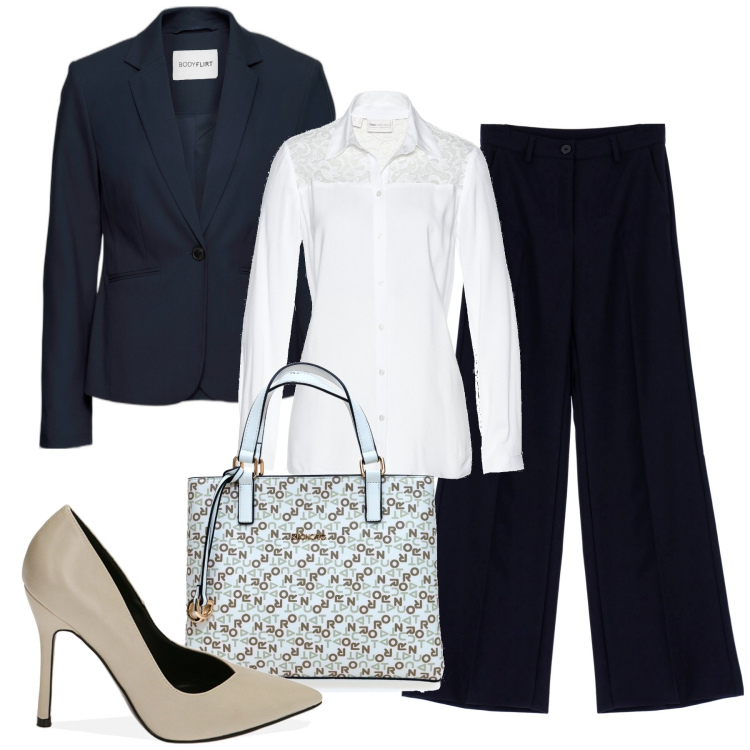 Outfit donna - City. Stile Chic per Tutti i giorni. Abbinamento con blazer, camicie, pantaloni a palazzo, décolleté, borse a mano.