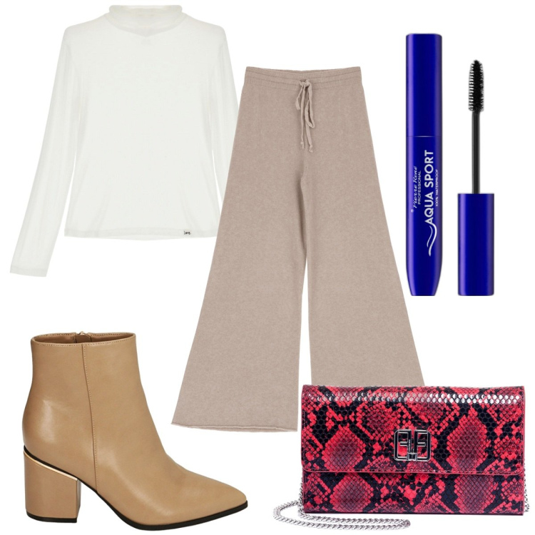 Outfit donna - Total look #1809251. Stile Trendy per Tutti i giorni. Abbinamento con mascara, pochette, pantaloni a palazzo, maglieria, stivaletti.