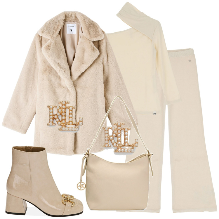 Outfit donna - Crema. Stile Minimal per Tutti i giorni. Abbinamento con ecopellicce, pantaloni, maglieria, stivaletti, borse a spalla, orecchini.