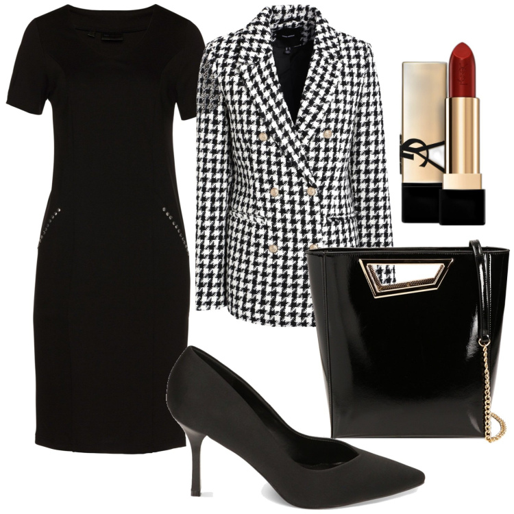 Outfit donna - A lavoro. Stile Casual per Ufficio. Abbinamento con vestiti, rossetti, blazer, décolleté, borse a mano.