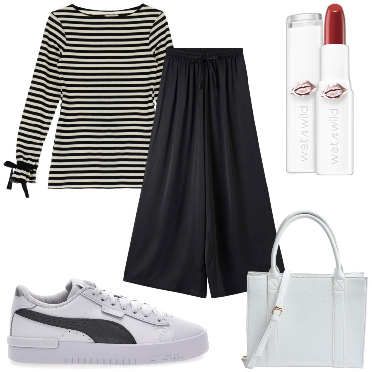 Outfit donna - Total look #1809276. Stile Trendy per Tutti i giorni. Abbinamento con rossetti, shopping bag, pantaloni a palazzo, maglieria, sneakers.