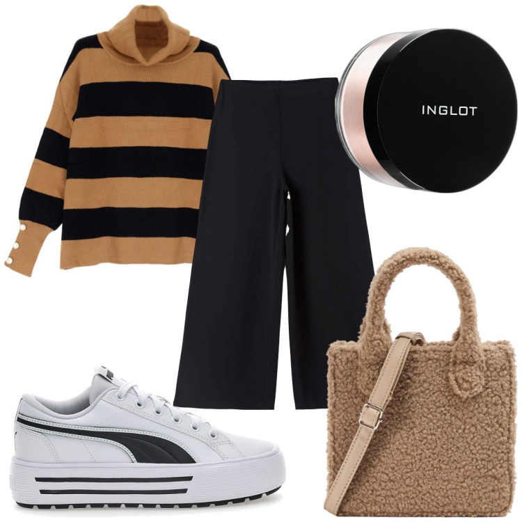Outfit donna - Total look #1809286. Stile Trendy per Tutti i giorni. Abbinamento con ciprie, pantaloni culotte, shopping bag, maglieria, sneakers.