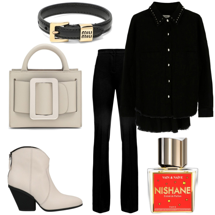Outfit donna - Boyy. Stile Trendy per Tutti i giorni. Abbinamento con stivaletti texani, profumi, pantaloni, camicie, borse a mano, braccialetti.