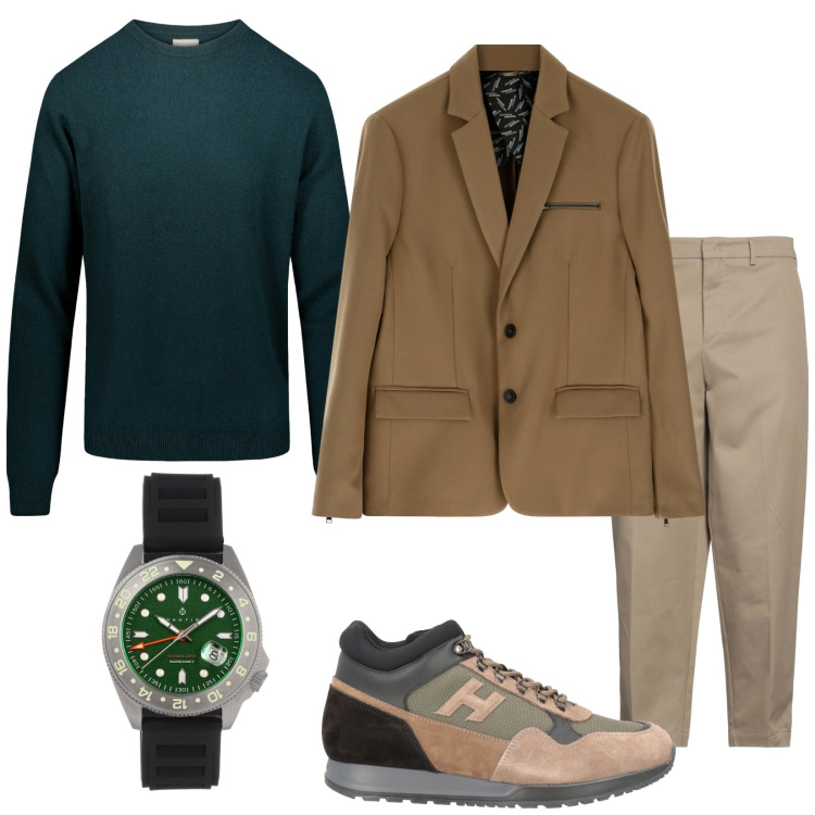 Outfit uomo - Giacca e pullover. Stile Trendy per Tutti i giorni. Abbinamento con orologi, pantaloni, sneakers alte, cappotti, maglieria.