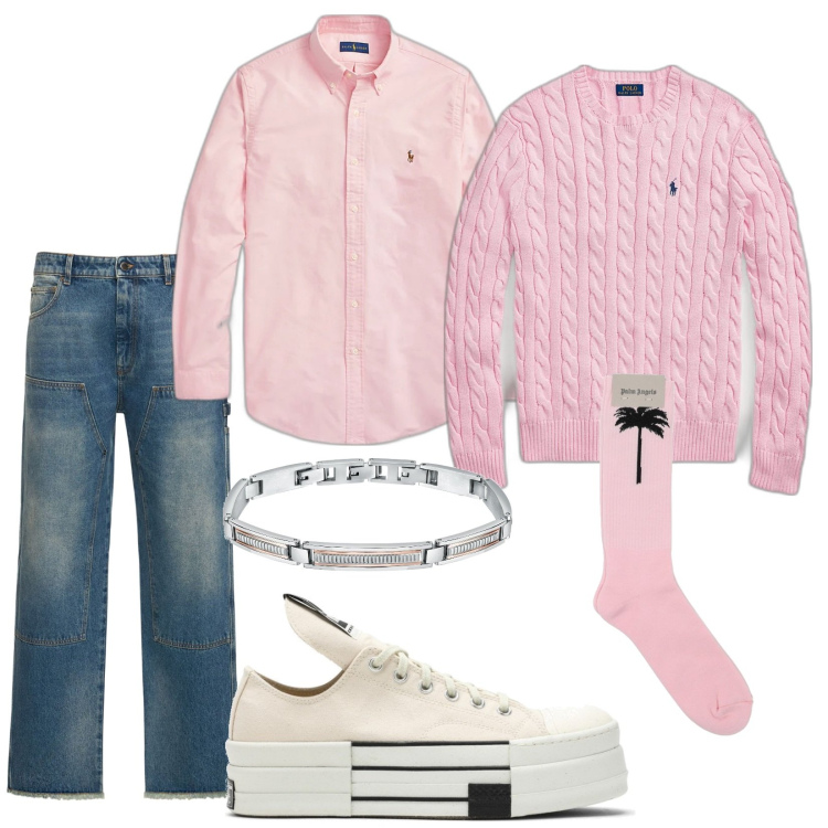 Outfit uomo - Pink!. Stile Trendy per Tutti i giorni. Abbinamento con braccialetti, camicie, maglieria, sneakers, jeans, calzini.