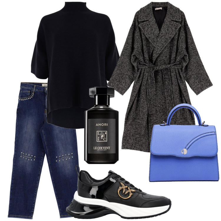 Outfit donna - Total look #1809302. Stile Casual chic per Tutti i giorni. Abbinamento con profumi, sneakers, cappotti, jeans dritti, maglieria, borse a mano.