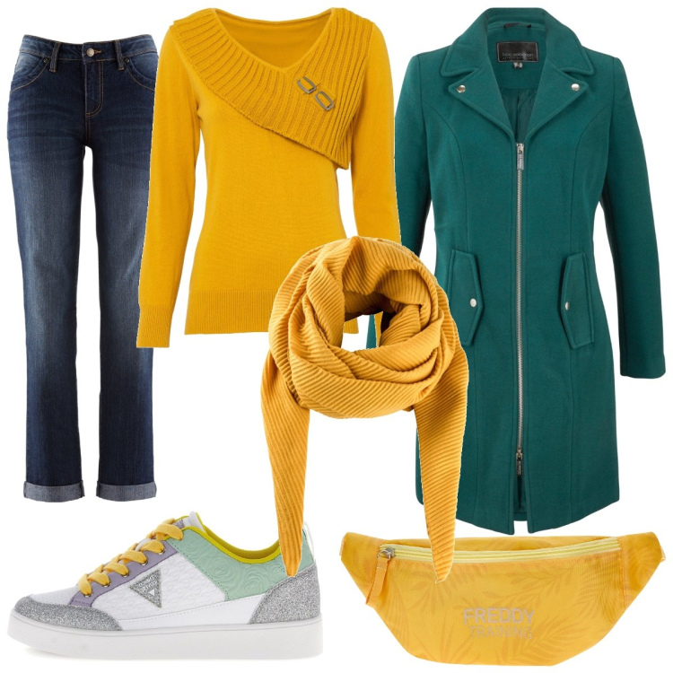 Outfit donna - Verde e girasole. Stile Casual per Tutti i giorni. Abbinamento con jeans dritti, foulard, cappotti, maglieria, marsupi, sneakers.