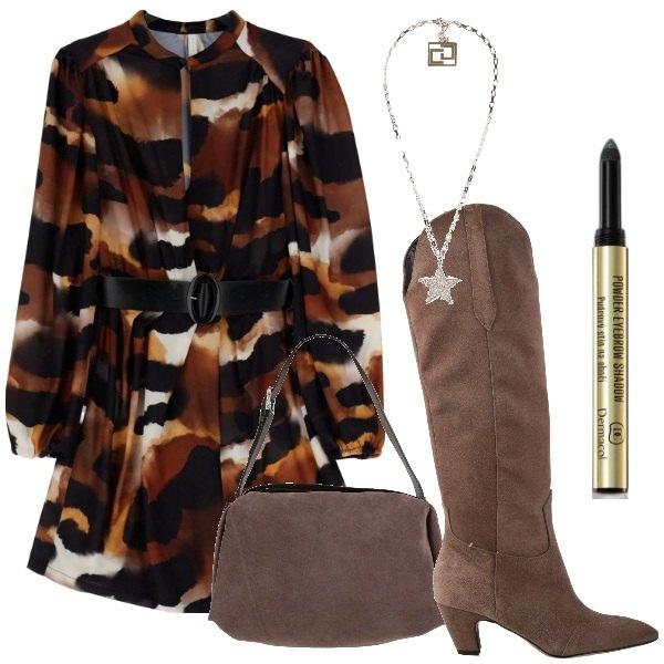 Outfit donna - Texani di tendenza. Stile Trendy per Tutti i giorni. Abbinamento con borse a spalla, collane, stivali sopra il ginocchio, eyeliner, vestiti corti.