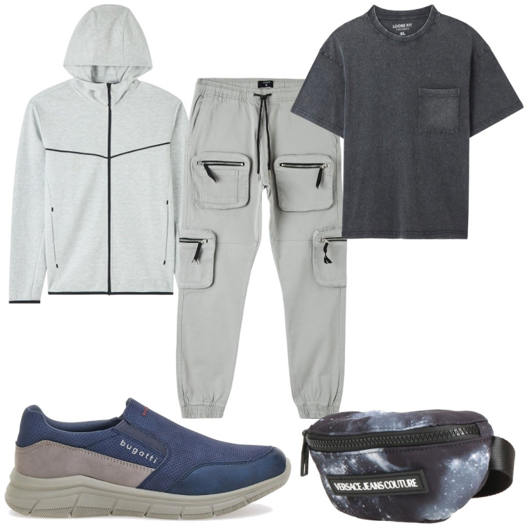 Outfit uomo - Total look #1809372. Stile Trendy per Sport. Abbinamento con borse sportive, felpe con cappuccio, pantaloni cargo, t-shirt, sneakers.