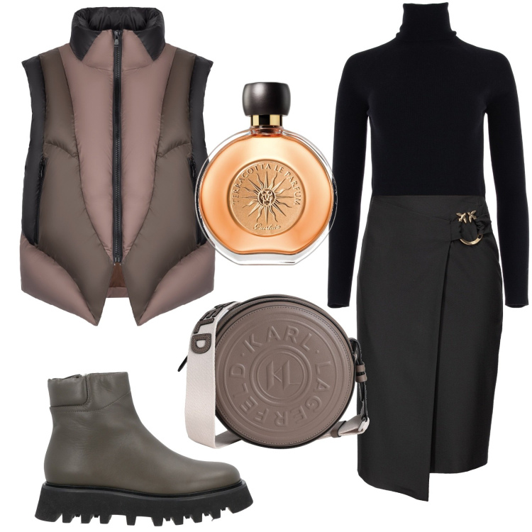Outfit donna - Febbraio. Stile Trendy per Tutti i giorni. Abbinamento con stivaletti, borse a tracolla, profumi, gonne longuette, piumini, maglieria.