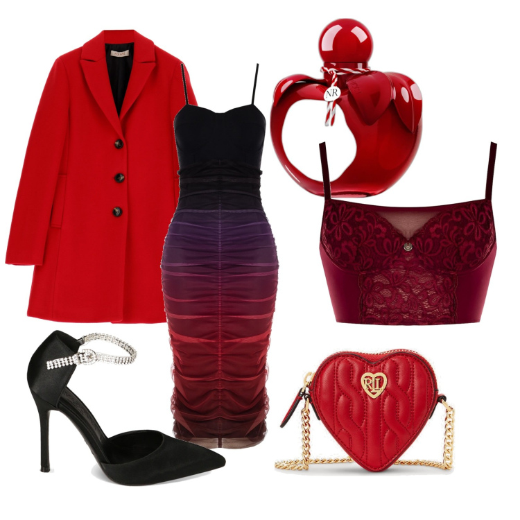 Outfit donna - Cuore matto. Stile Sexy per Serata fuori. Abbinamento con profumi, cappotti, vestiti a tubino, culotte, décolleté, pochette.
