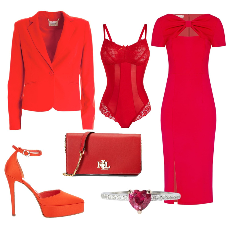 Outfit donna - Red Valentina. Stile Sexy per Serata fuori. Abbinamento con body, anelli, vestiti midi/longuette, blazer, borse a mano, décolleté.
