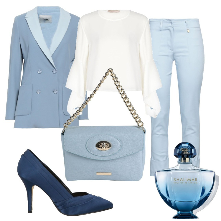 Outfit donna - Il battesimo. Stile Glamour per Cerimonia. Abbinamento con pantaloni, blazer, décolleté, borse a mano, profumi, bluse.