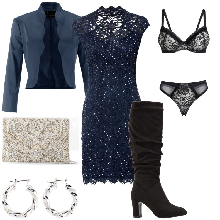 Outfit donna - Anastasia. Stile Sexy per Serata fuori. Abbinamento con pochette, orecchini, vestiti, blazer, reggiseni, stivali sopra il ginocchio.