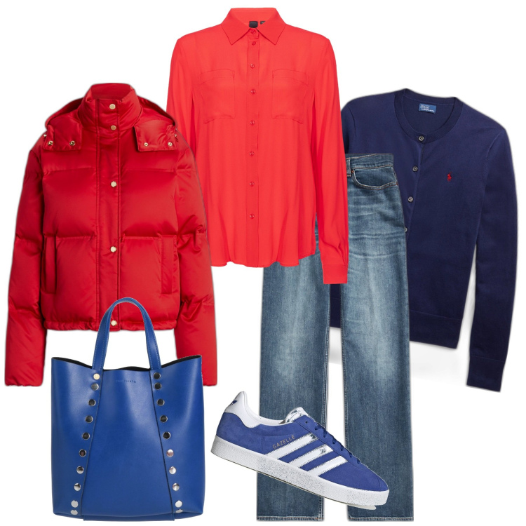 Outfit donna - Esco a prendere il latte. Stile Casual per Tutti i giorni. Abbinamento con borse a mano, camicie, cardigans, piumini, jeans dritti, sneakers.