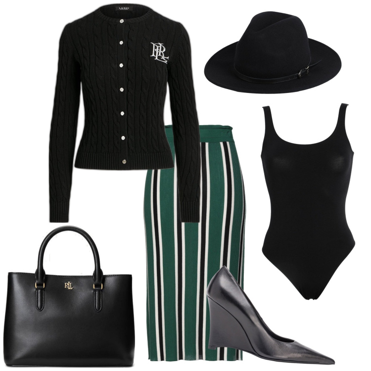 Outfit donna - Il body sotto lal cardigan. Stile Chic per Ufficio. Abbinamento con gonne longuette, cappelli, body, décolleté, cardigans, borse a mano.