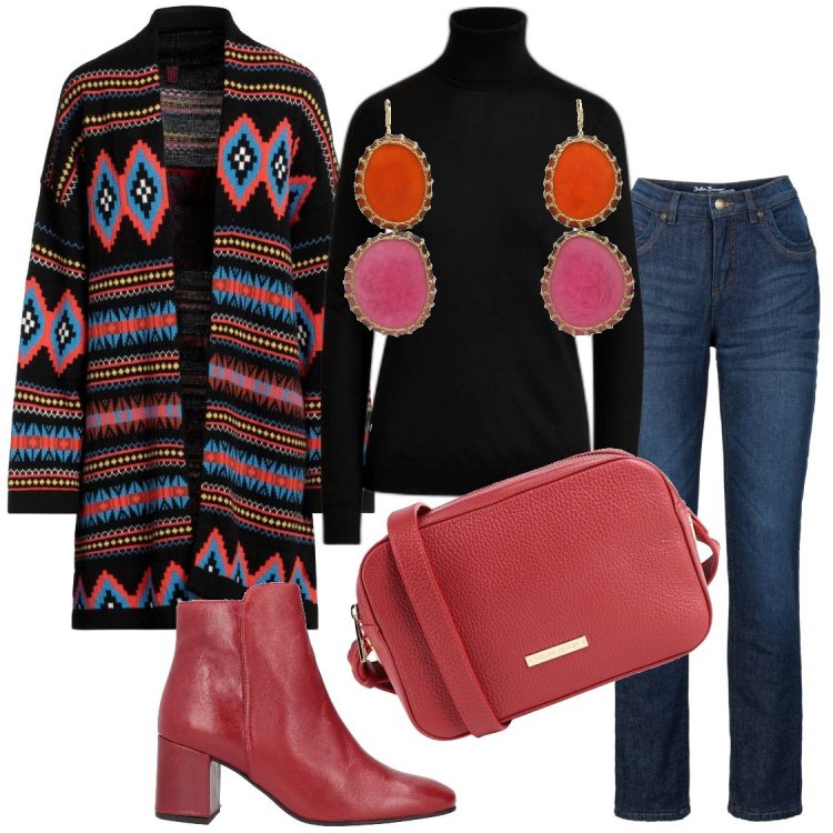 Outfit donna - Viva i cardigan colorati. Stile Etnico per Tutti i giorni. Abbinamento con jeans dritti, cardigans, stivaletti, borse a tracolla, orecchini, maglieria.
