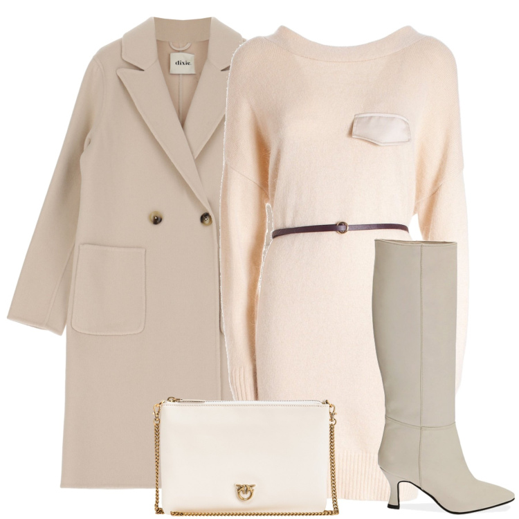 Outfit donna - Giornata in beige. Stile Casual chic per Ufficio. Abbinamento con borse a tracolla, cappotti, vestiti midi/longuette, stivali.
