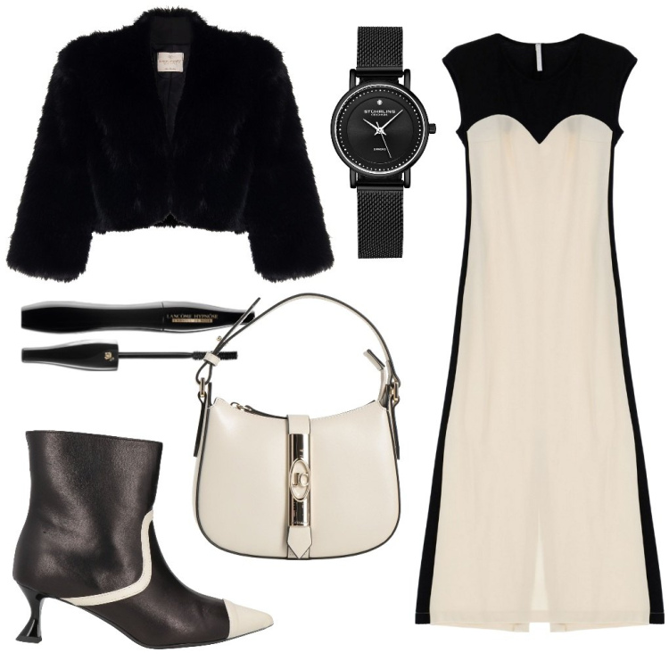 Outfit donna - Marta: Glamour bicolore.. Stile Glamour per Cerimonia. Abbinamento con stivaletti, borse a mano, orologi, mascara, cappotti, vestiti midi/longuette.