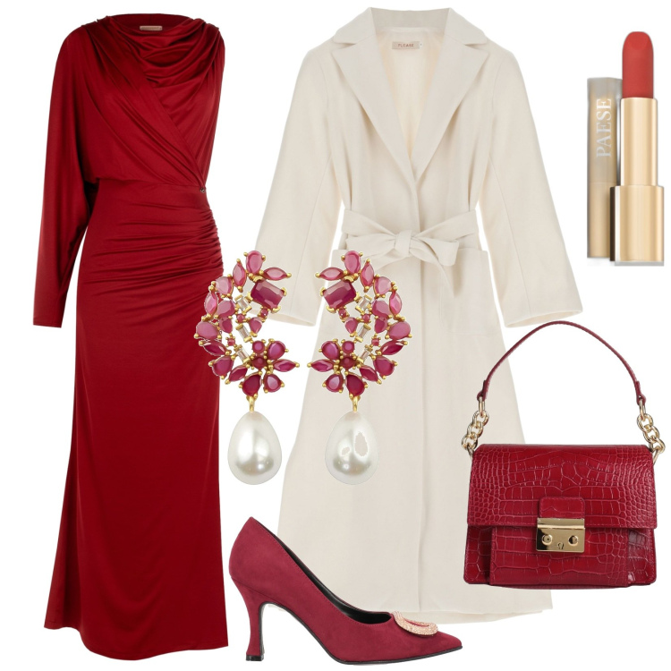 Outfit donna - Monospalla Red Dahlia. Stile Glamour per Cerimonia. Abbinamento con orecchini, décolleté, borse a mano, rossetti, vestiti asimmetrici, cappotti.