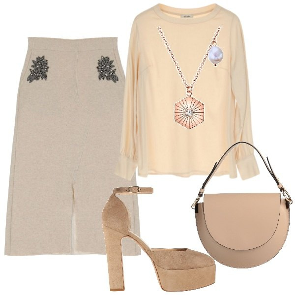 Outfit donna - Serata love. Stile Romantica per Serata fuori. Abbinamento con décolleté, borse a mano, collane, gonne lunghe, camicie.