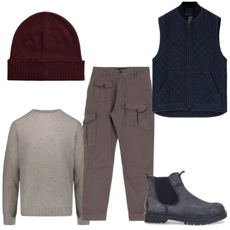 Outfit uomo - Cargo fango. Stile Urban per Tutti i giorni. Abbinamento con gilet, pantaloni, berretti, stivali e stivaletti, maglieria.