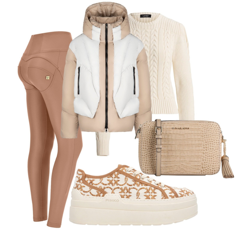 Outfit donna - In montagna. Stile Casual per Tutti i giorni. Abbinamento con pullovers, borse a tracolla, sneakers, pantaloni skinny, piumini.