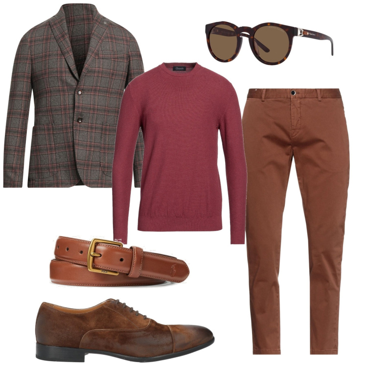Outfit uomo - Pullover e giacca. Stile Trendy per Tutti i giorni. Abbinamento con scarpe stringate, pantaloni, pullovers, giacche, cinture, occhiali da sole.