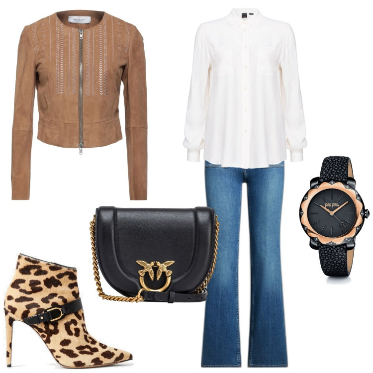Outfit donna - Total look #1809539. Stile Glamour per Serata fuori. Abbinamento con blazer, orologi, camicie, borse a tracolla, stivaletti, jeans bootcut.