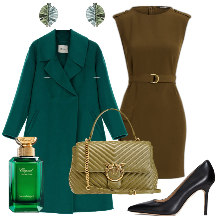 Outfit donna - My Valentine. Stile Chic per Serata fuori. Abbinamento con profumi, borse a mano, cappotti, vestiti a tubino, décolleté, orecchini.