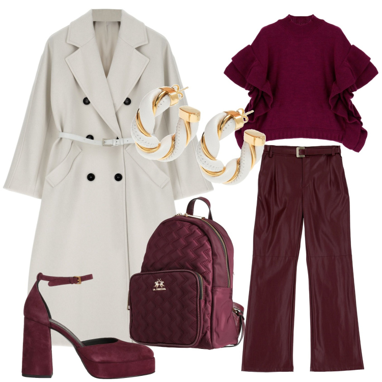 Outfit donna - Cromie. Stile Chic per Ufficio. Abbinamento con décolleté, orecchini, zaini, cappotti, pantaloni a palazzo, maglieria.