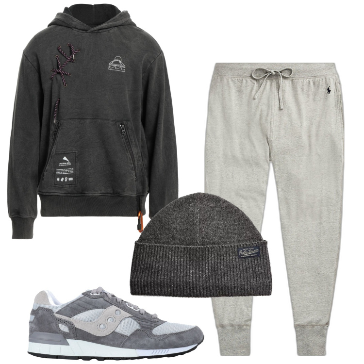 Outfit uomo - City. Stile Casual per Tutti i giorni. Abbinamento con sneakers, felpe con cappuccio, pantaloni, berretti.