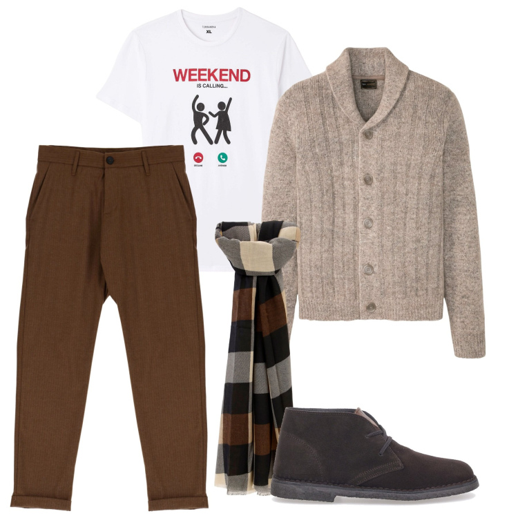Outfit uomo - Inverno weekend. Stile Casual per Tutti i giorni. Abbinamento con cardigans, t-shirt, sciarpe e foulard, pantaloni, scarpe stringate.