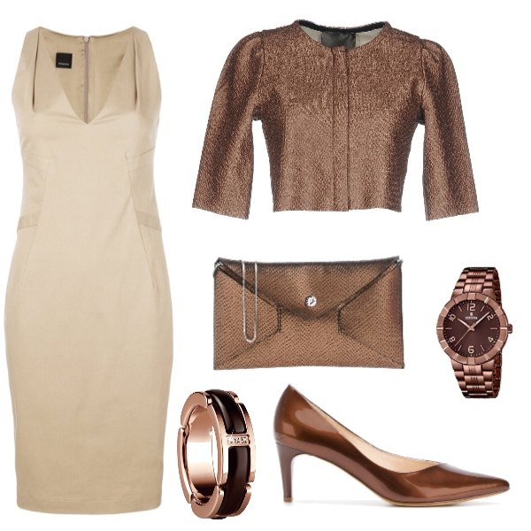 Outfit donna - Chic #14687. Stile Chic per Ufficio. Abbinamento con felpa collo tondo con zip interno sfoderato tinta unita, borsa a mano mini effetto laminato tinta unita, vestito marrone, scarpe col tacco pumps marrone, impermeabile analogico con cinturino in acciaio inox marrone, anello con fasce.