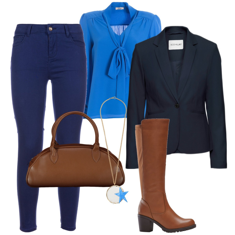 Outfit donna - Jeans e stivali. Stile Casual chic per Tutti i giorni. Abbinamento con stivali, blazer, bluse, jeans skinny, collane, borse a spalla.
