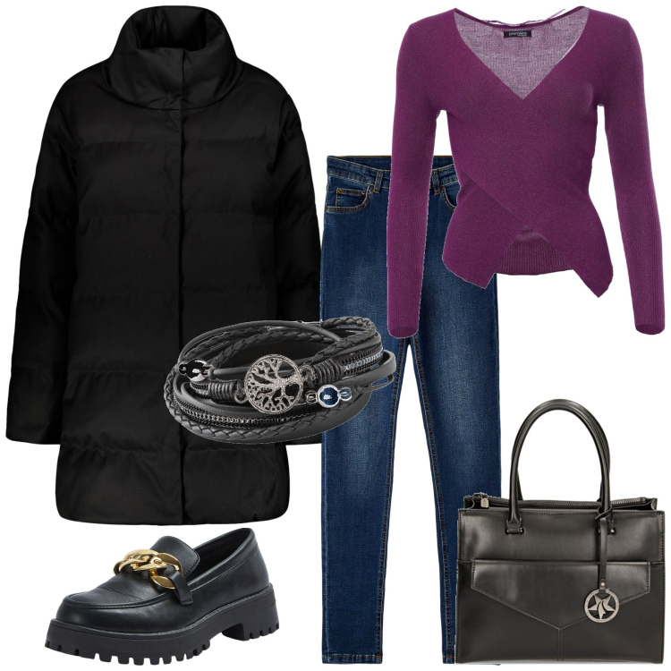 Outfit donna - Il maglioncino. Stile Casual per Tutti i giorni. Abbinamento con braccialetti, jeans skinny, mocassini, maglieria, borse a mano, cappotti.