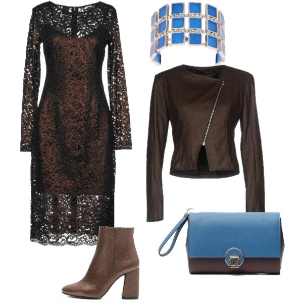 Outfit donna - Sexy #3043. Stile Sexy per Serata fuori. Abbinamento con giubbotto collo tondo a maniche lunghe con zip interno foderato in pelle sintetica tinta unita, vestito con pizzo effetto laminato collo tondo a maniche lunghe con zip interno foderato tinta unita, bracciale fantasia tinta unita, cintura maxi con fibbia, pochette in pelle sintetica, stivaletti con tacco largo e zip con punta tonda.