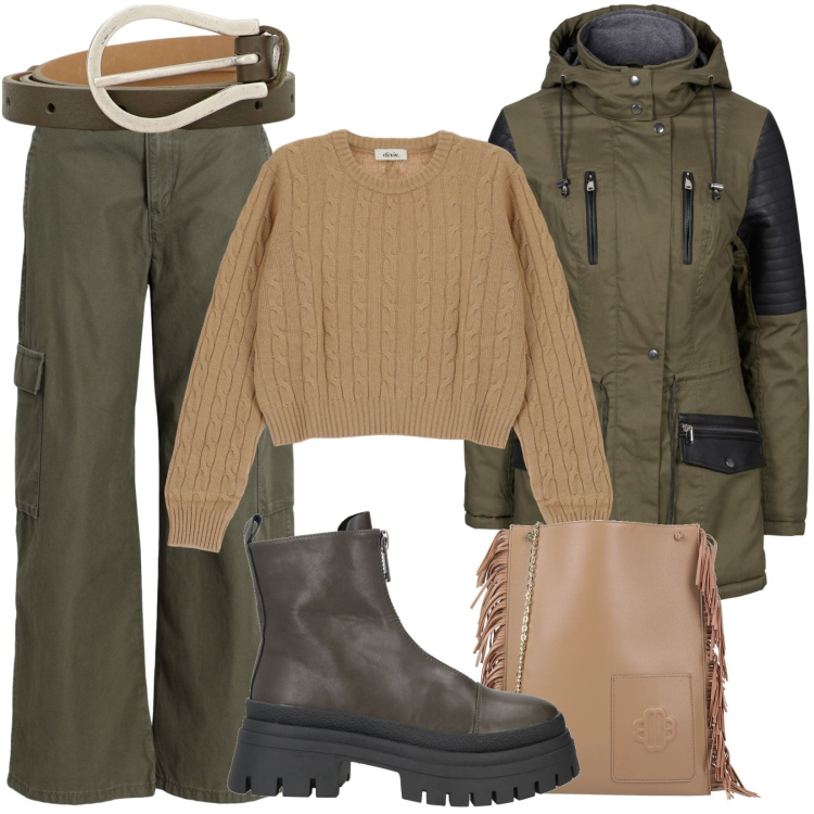 Outfit donna - Total look #1809632. Stile Military per Tutti i giorni. Abbinamento con parka, pantaloni cargo, stivaletti, borse a tracolla, cinture, pullovers.